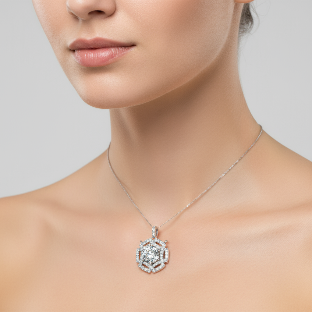 Female model wearing Art Deco diamond pendant