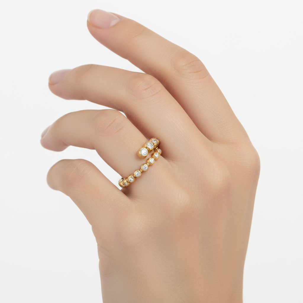 Female model wearing bezel-set diamond stackable ring