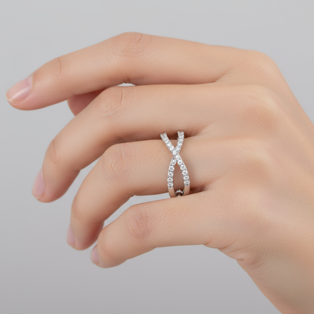 Female model wearing crossover diamond band ring