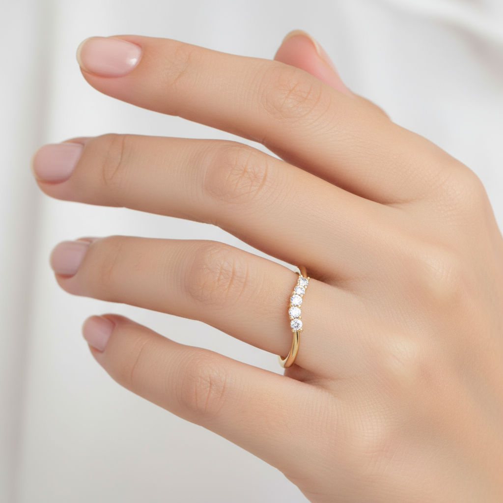 Female model wearing curved diamond band ring