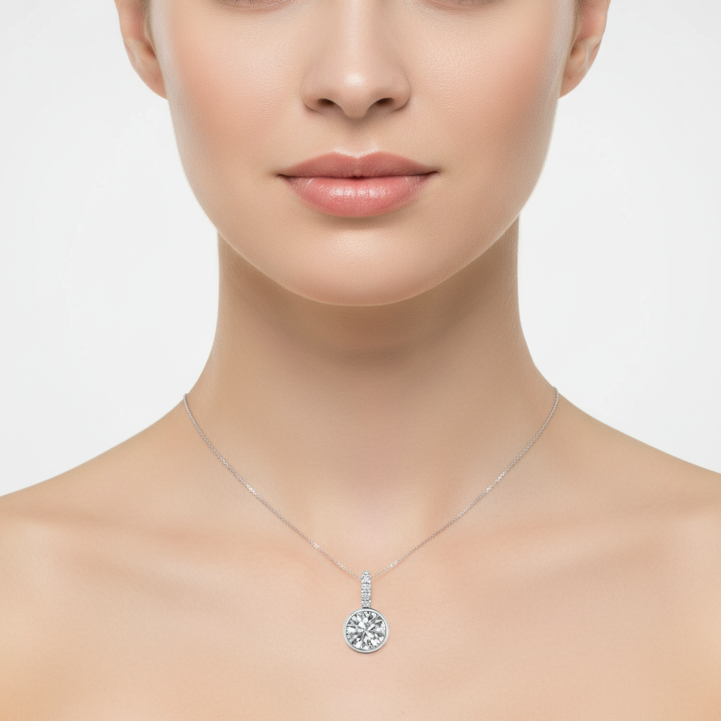 Female model wearing diamond bezel pendant