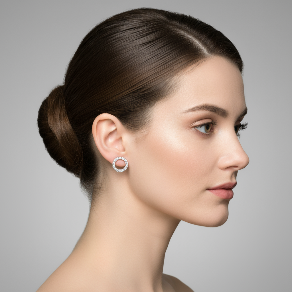Female model wearing diamond circle stud earrings