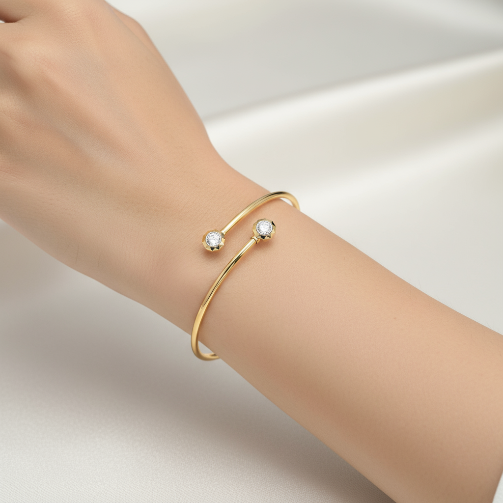 Female model wearing diamond cuff bracelet