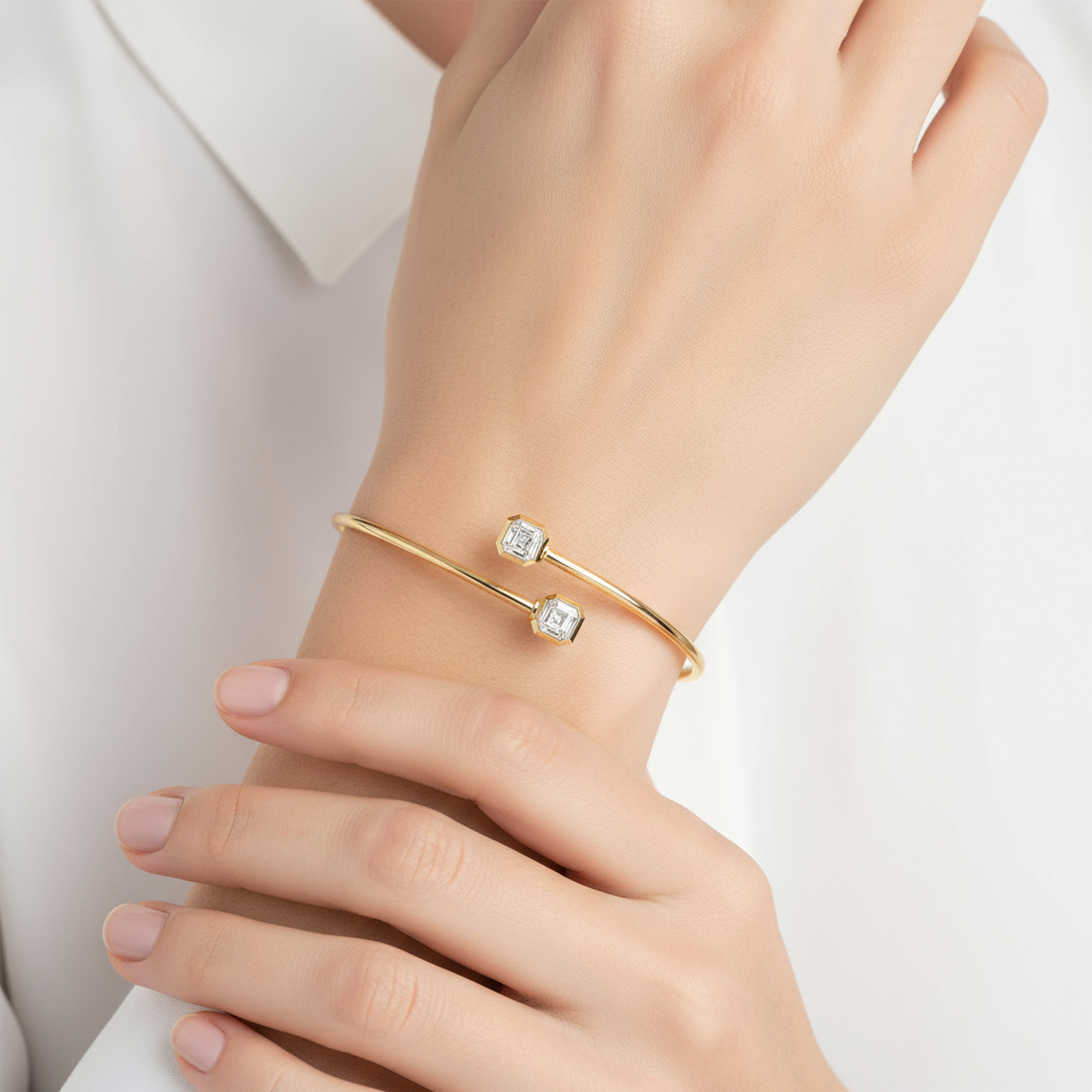 Female model wearing diamond cuff bracelet