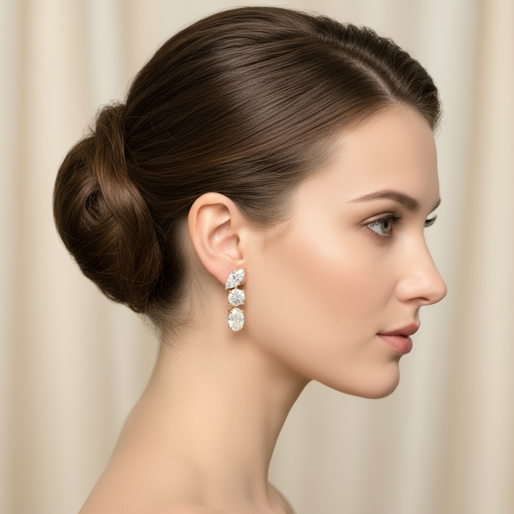 Female model wearing diamond drop earrings