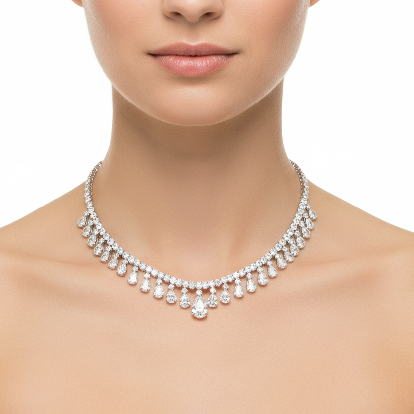 Female model wearing diamond fringe necklace
