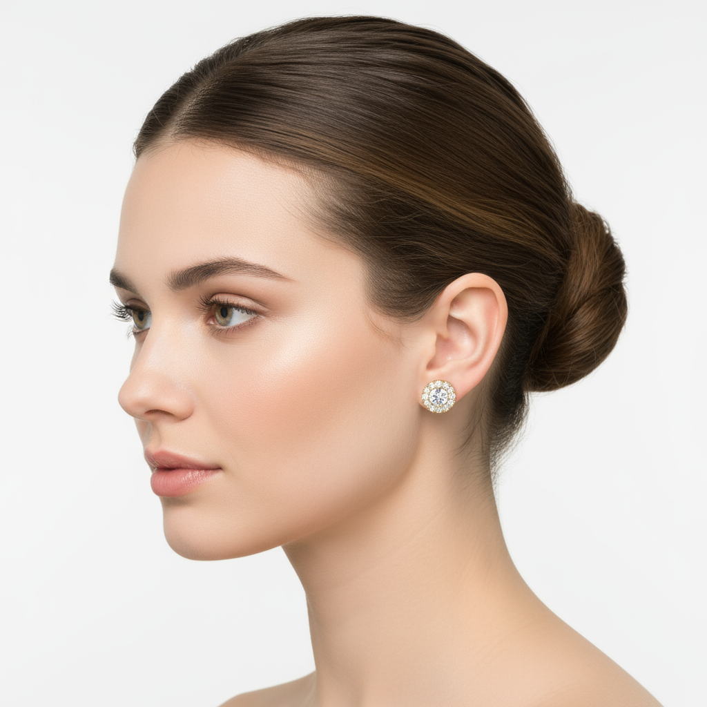 Female model wearing diamond halo stud earrings