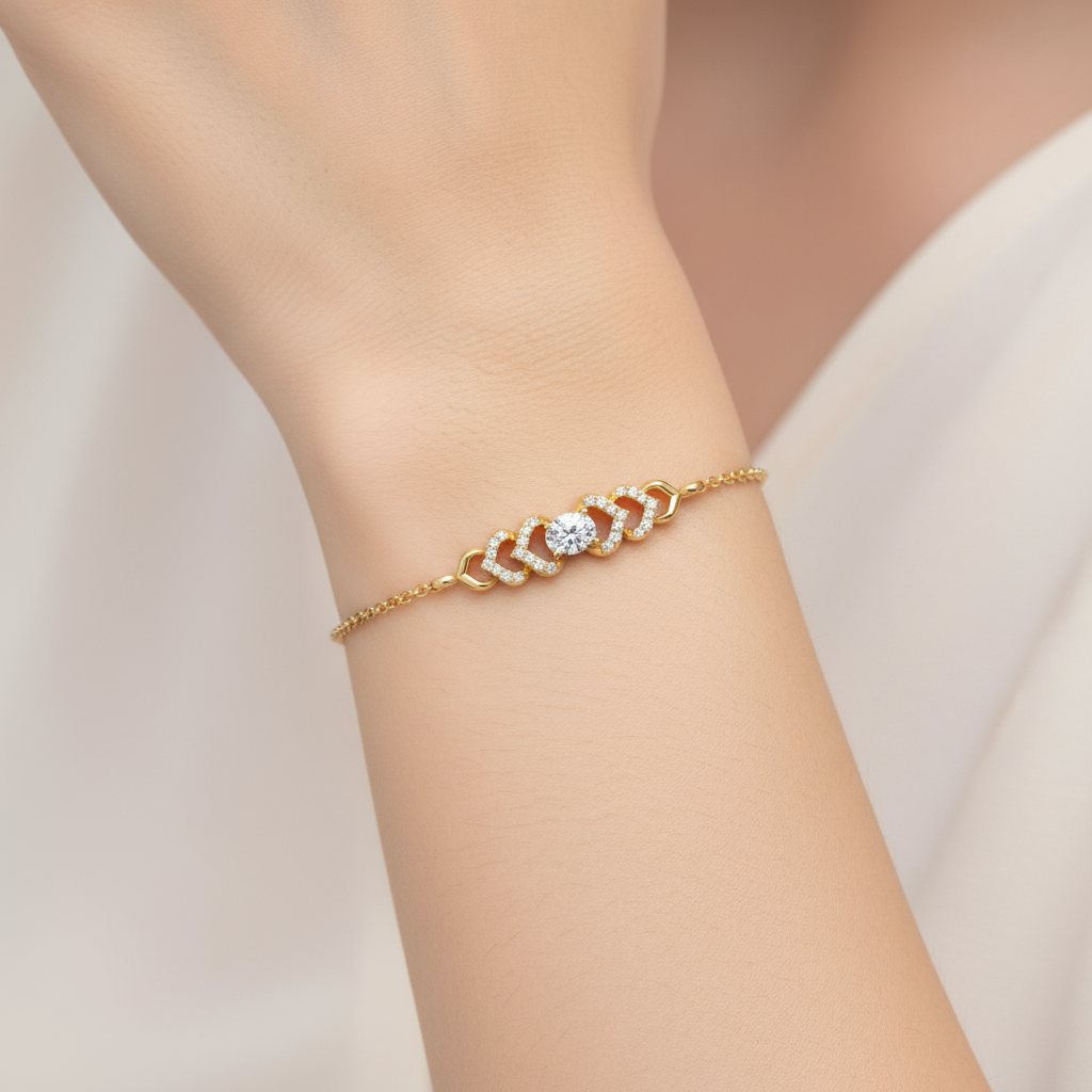 Female model wearing diamond heart bracelet