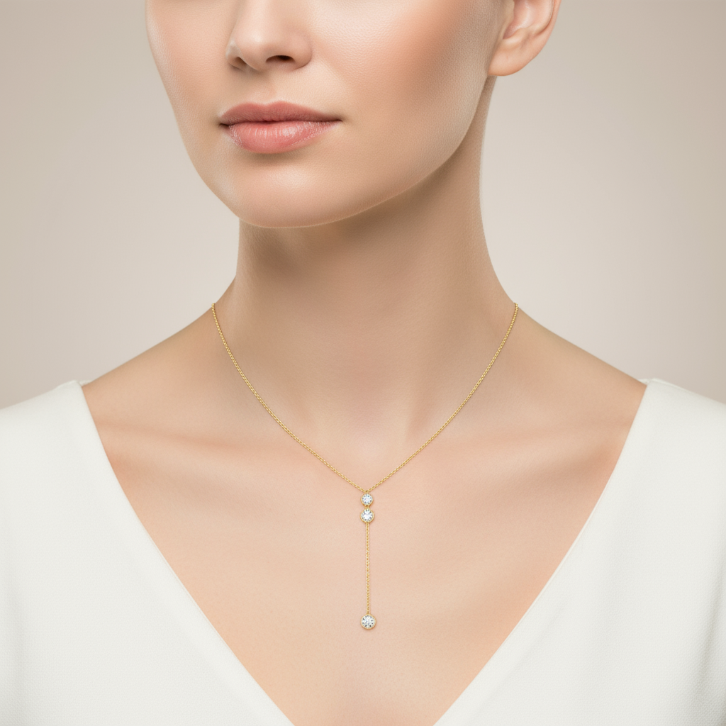 Female model wearing diamond lariat necklace