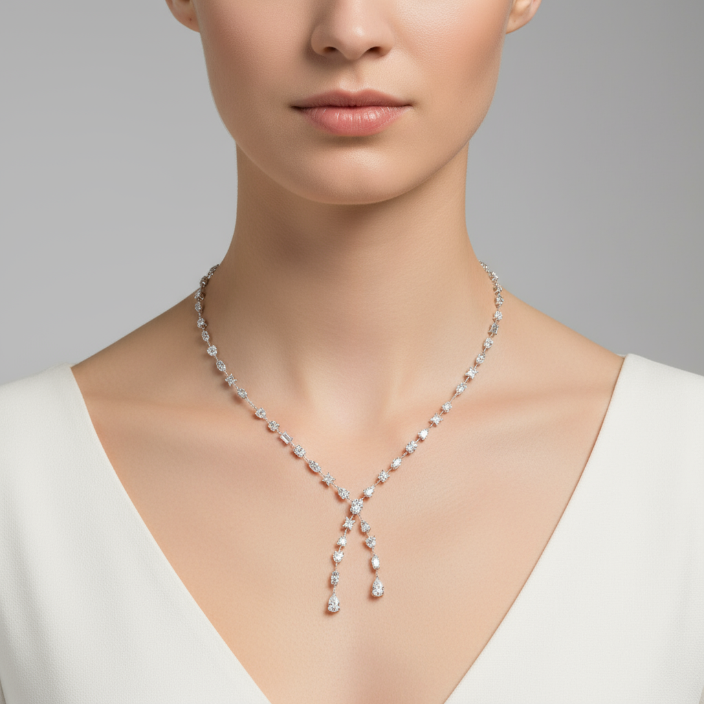 Female model wearing diamond lariat necklace