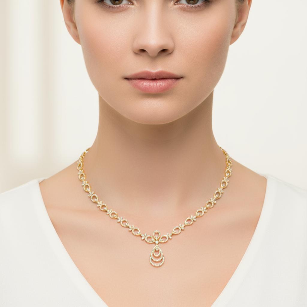 Female model wearing diamond necklace