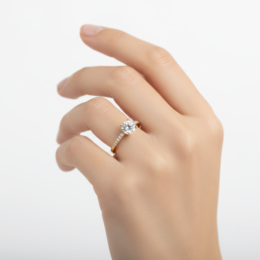 Female model wearing diamond ring