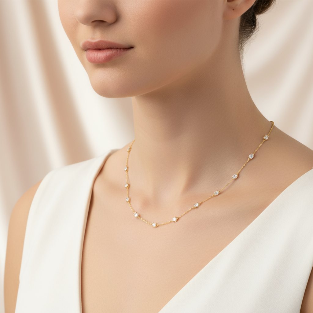 Female model wearing diamond station necklace