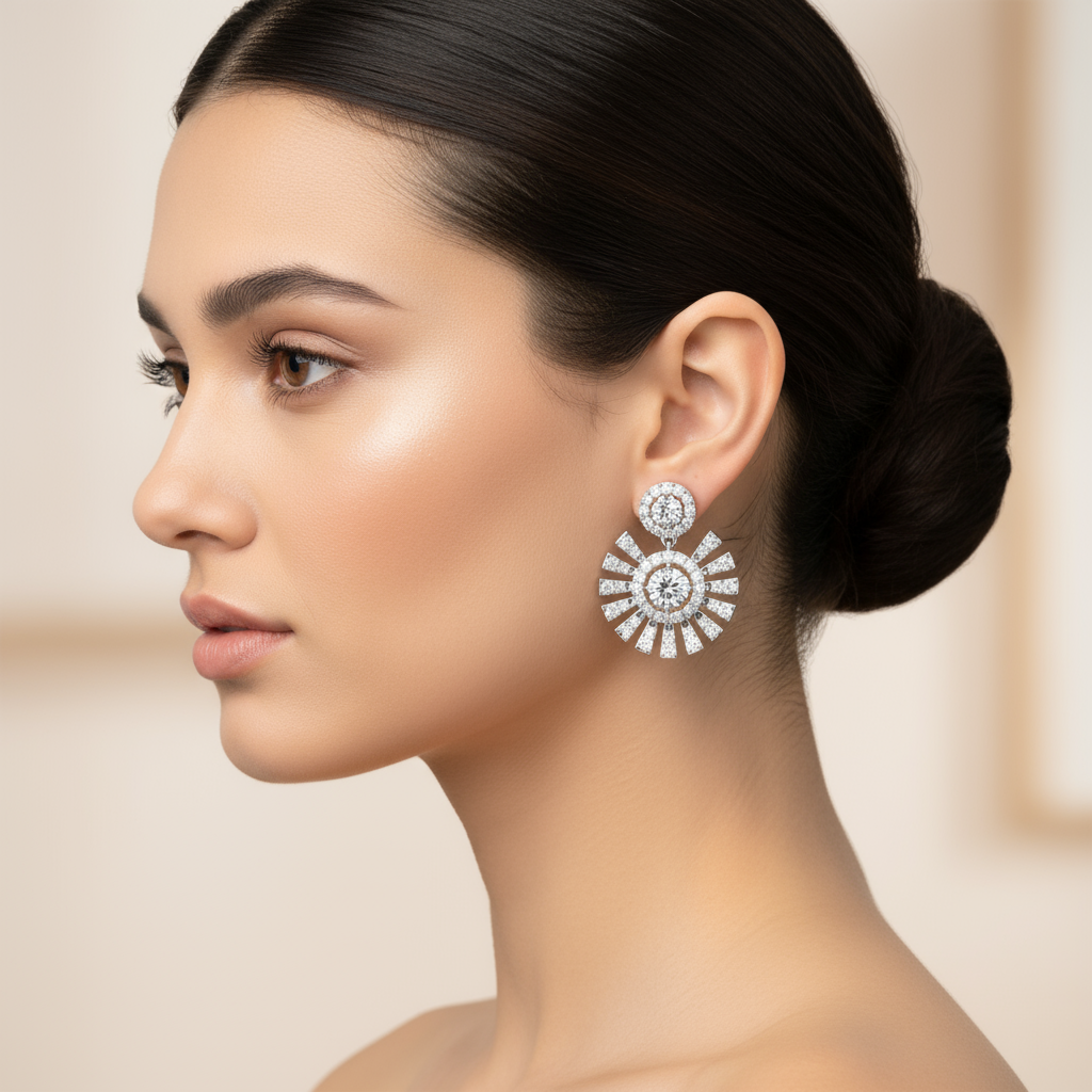 Female model wearing diamond sunburst drop earrings
