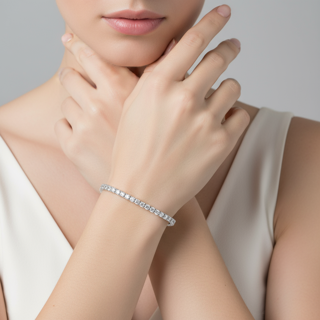 Female model wearing diamond tennis bracelet
