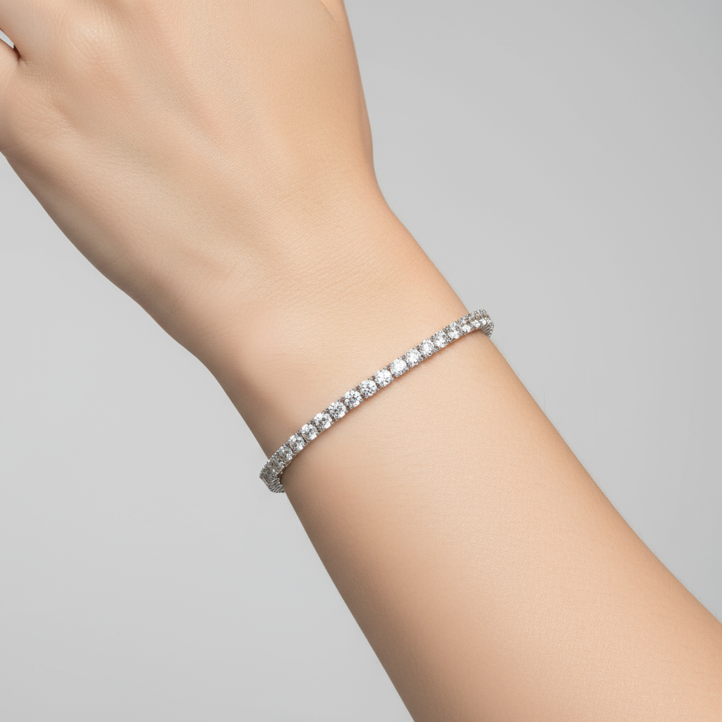 Female model wearing diamond tennis bracelet