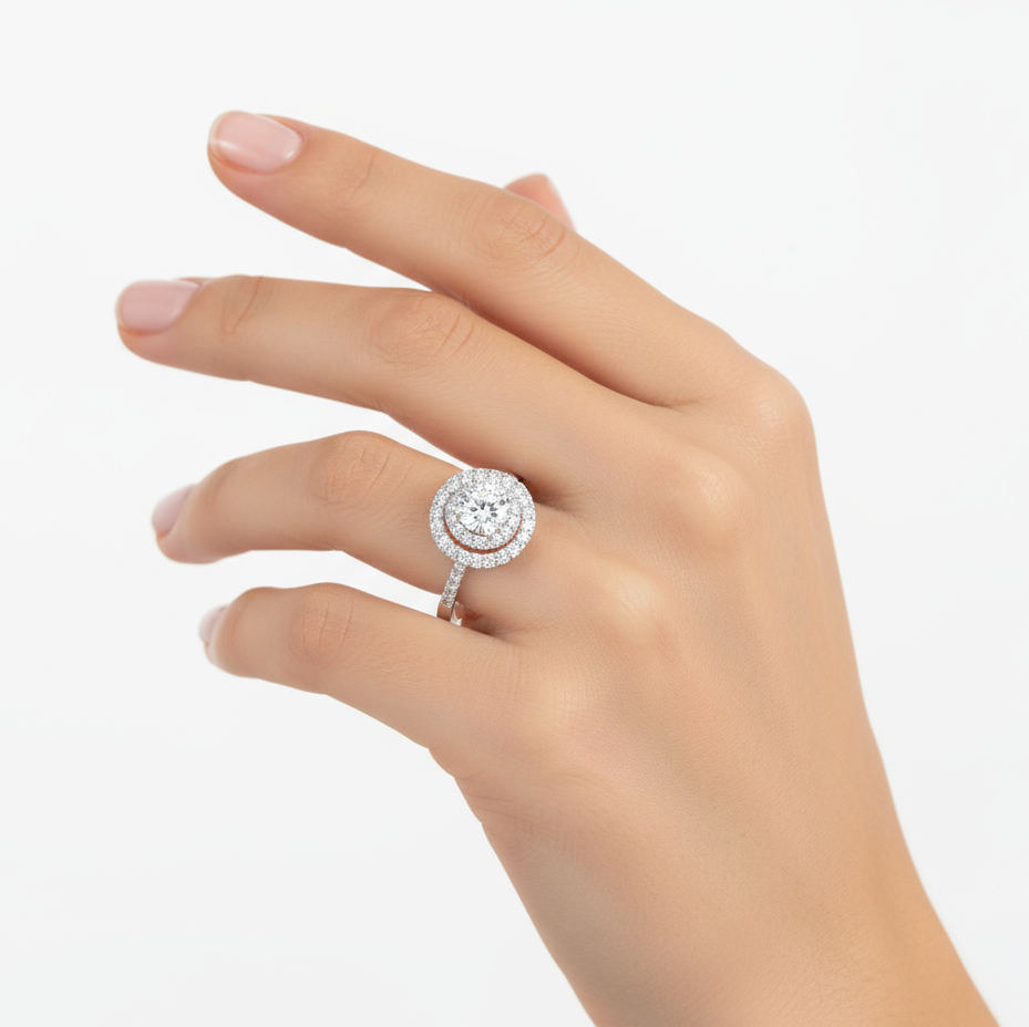 Female model wearing double halo diamond ring