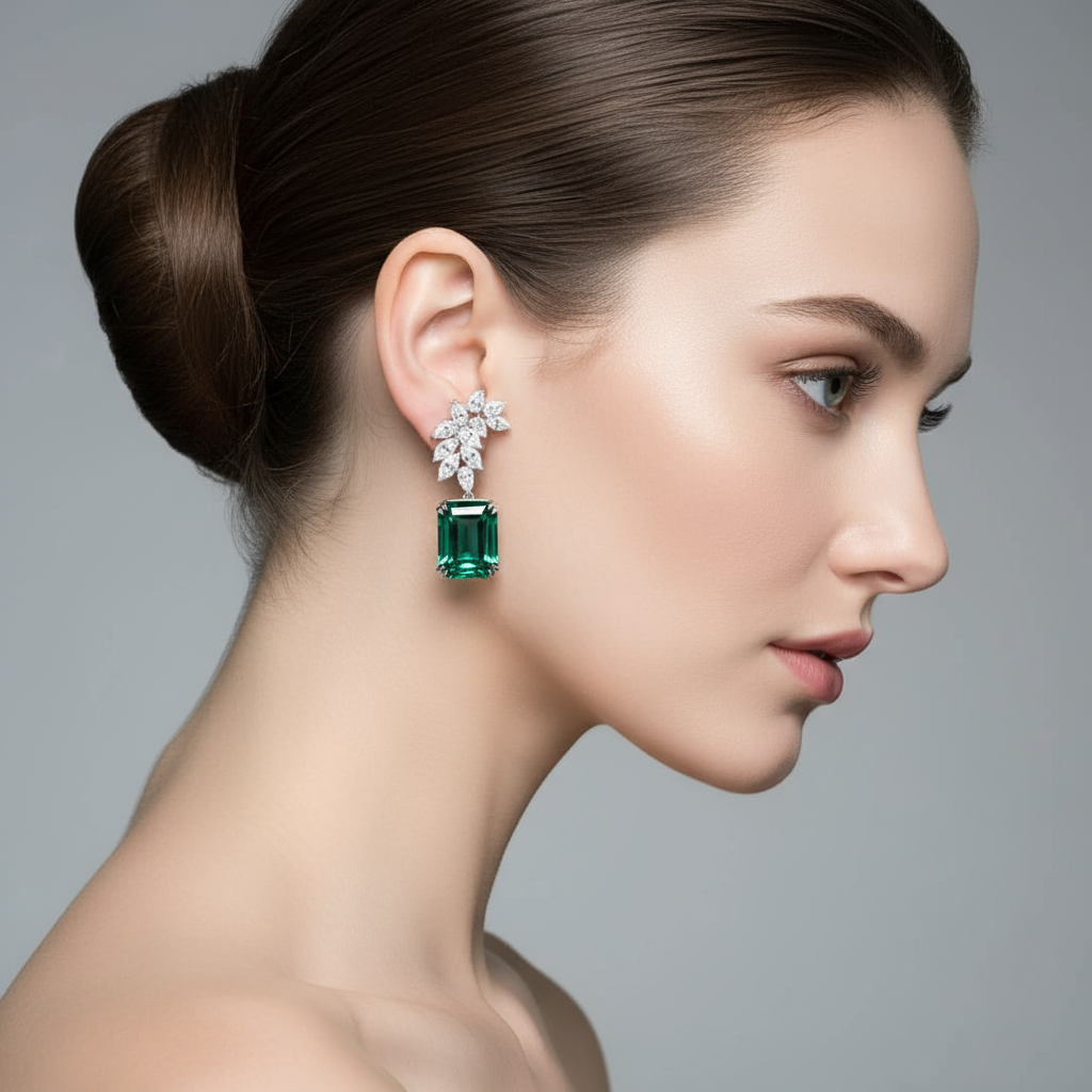 Female model wearing emerald and diamond earrings
