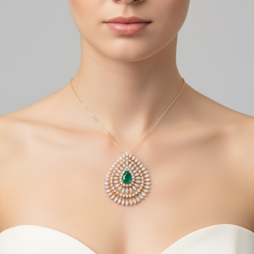 Female model wearing emerald and diamond sunburst pendant
