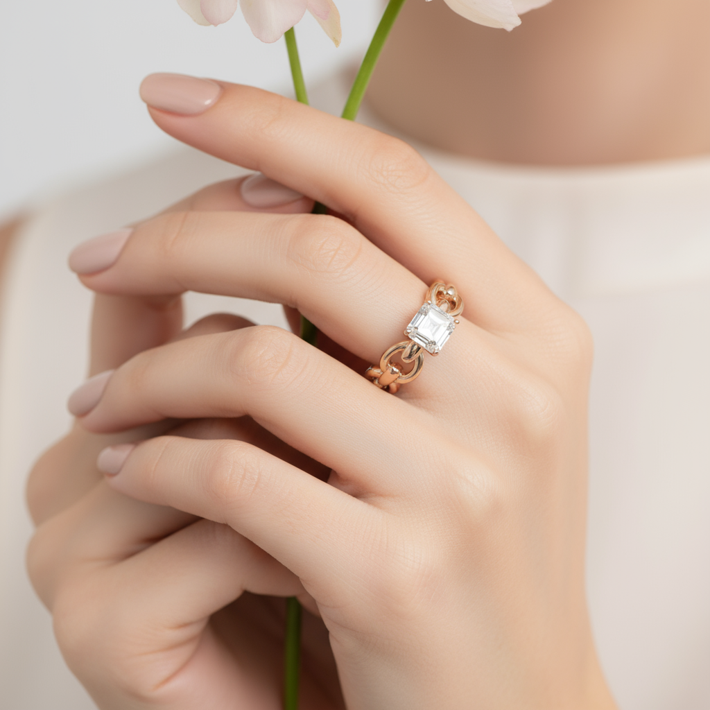 Female model wearing emerald-cut diamond ring with chain-link band