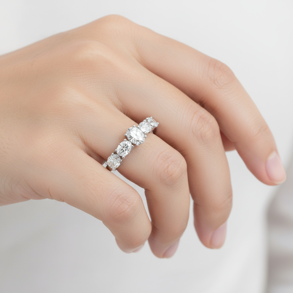 Female model wearing five-stone cushion-cut diamond anniversary band