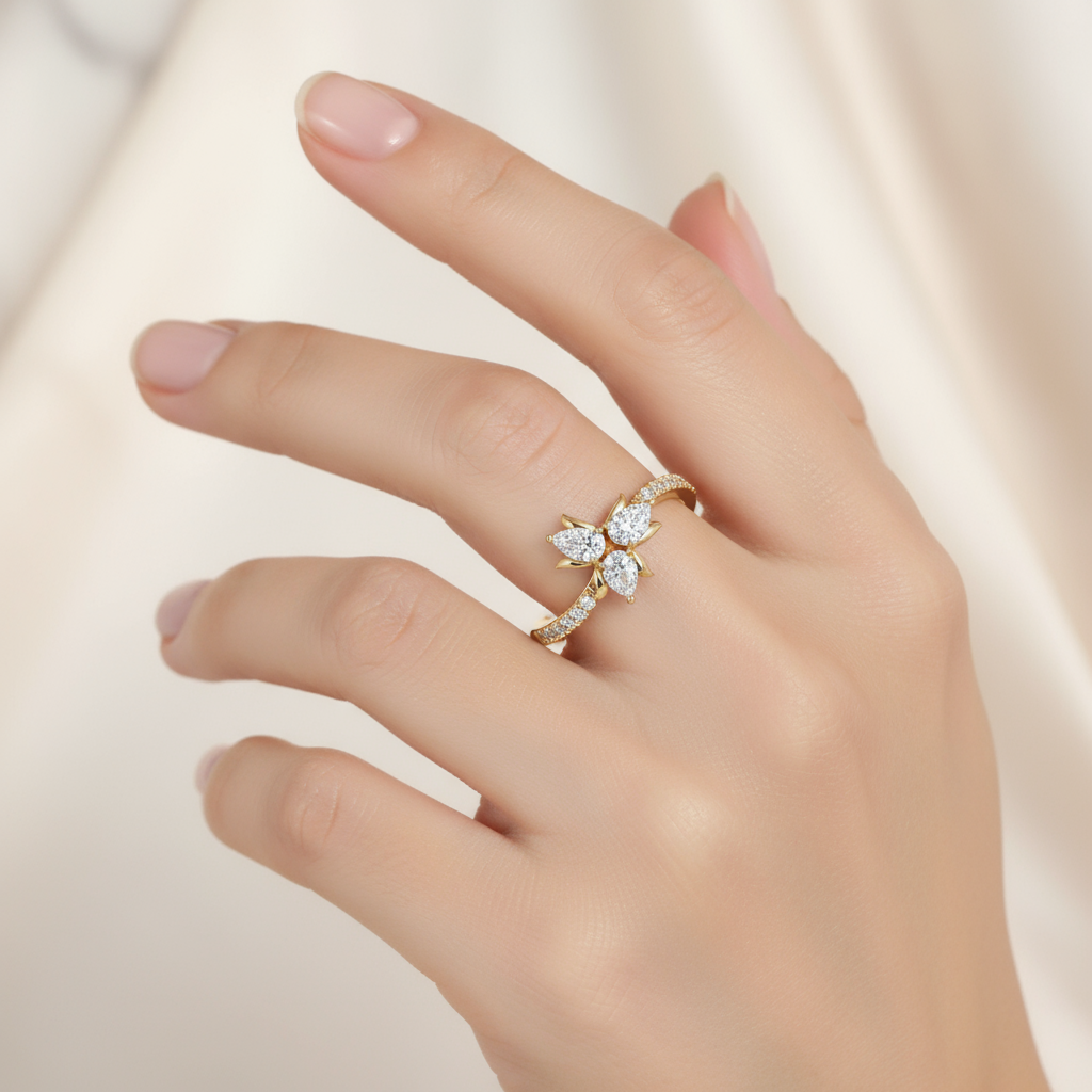 Female model wearing floral diamond cluster ring
