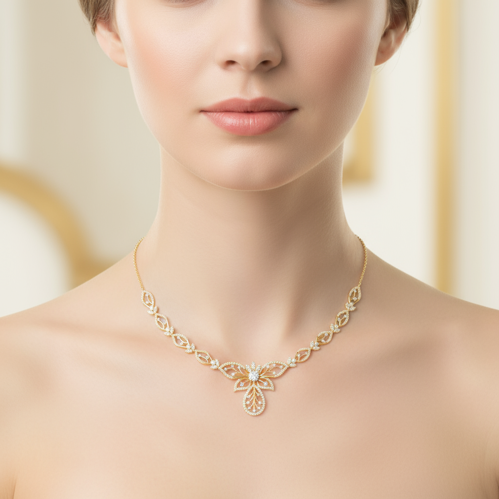 Female model wearing floral diamond necklace
