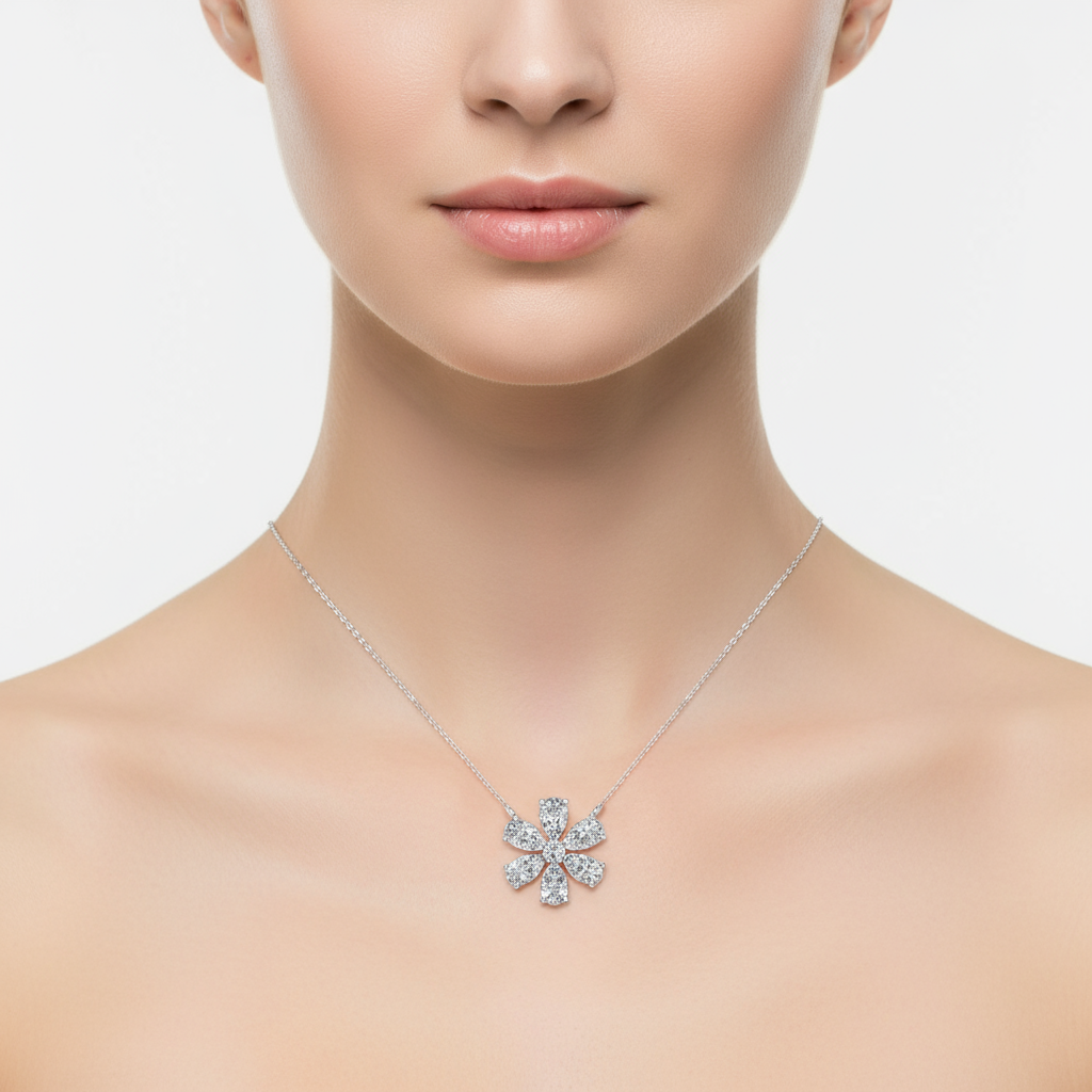 Female model wearing floral diamond pendant