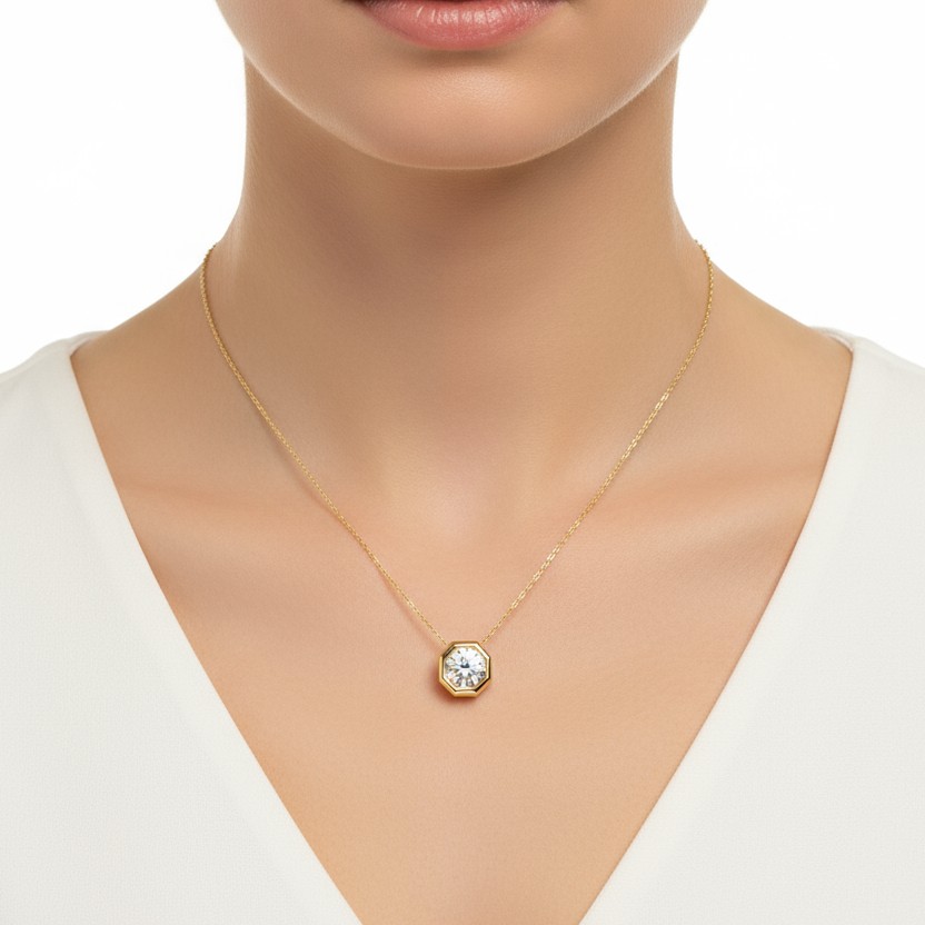 Female model wearing geometric diamond pendant