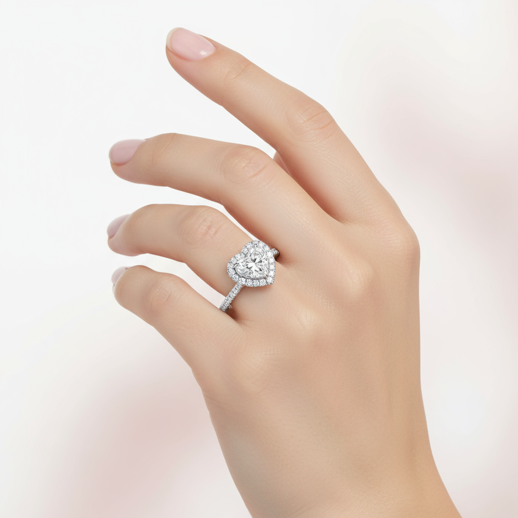 Female model wearing heart-shaped diamond halo engagement ring