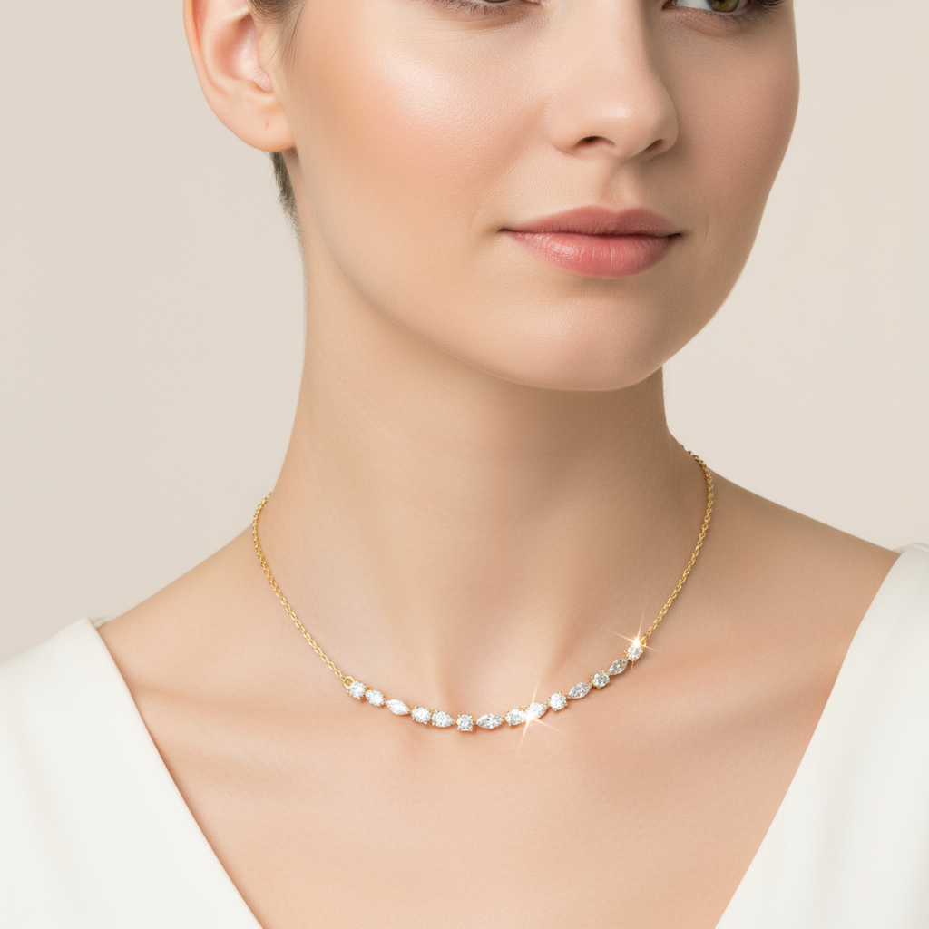Female model wearing mixed-shape diamond cluster necklace