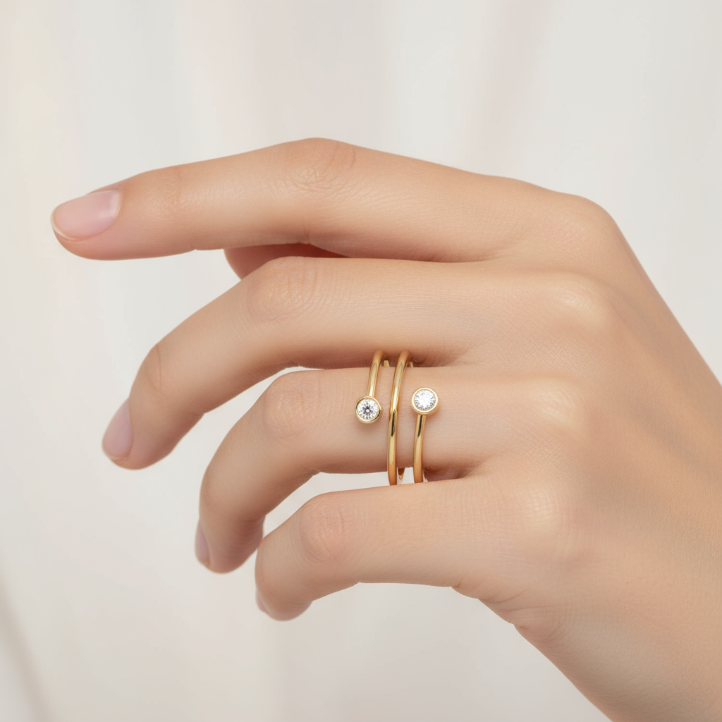 Female model wearing modern spiral diamond ring