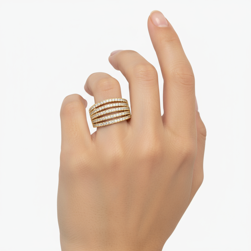 Female model wearing multi-row diamond band ring