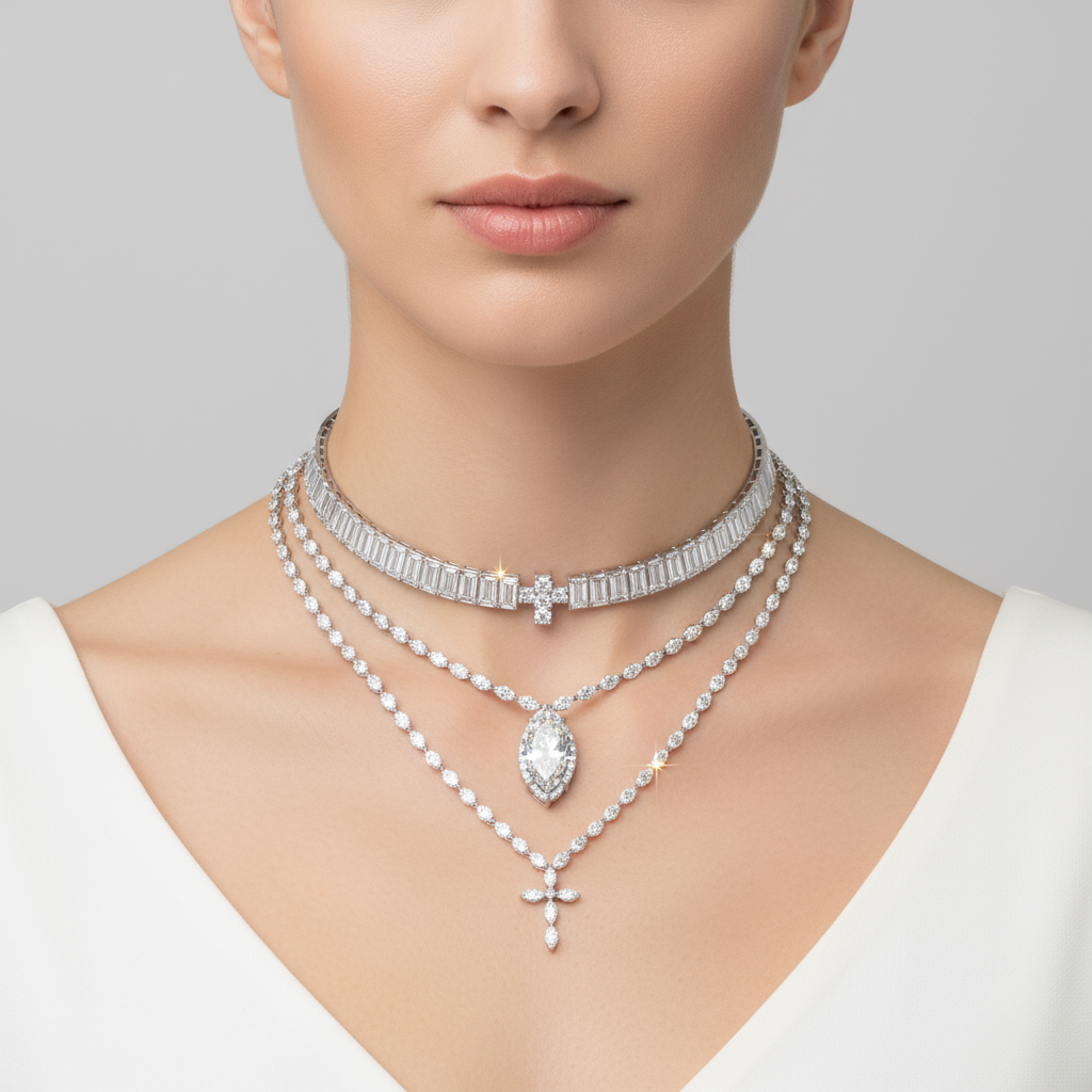 Female model wearing multi-strand diamond necklace