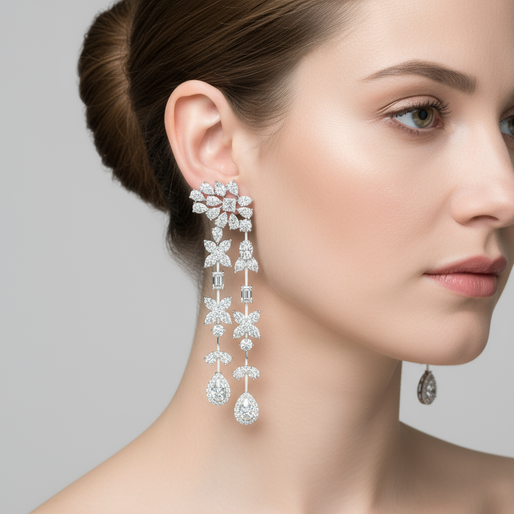 Female model wearing multi-tier floral diamond chandelier earrings