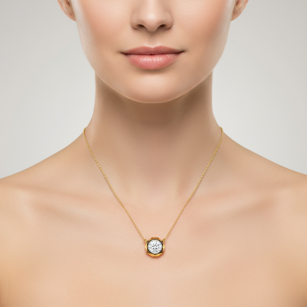 Female model wearing octagonal bezel-set diamond pendant