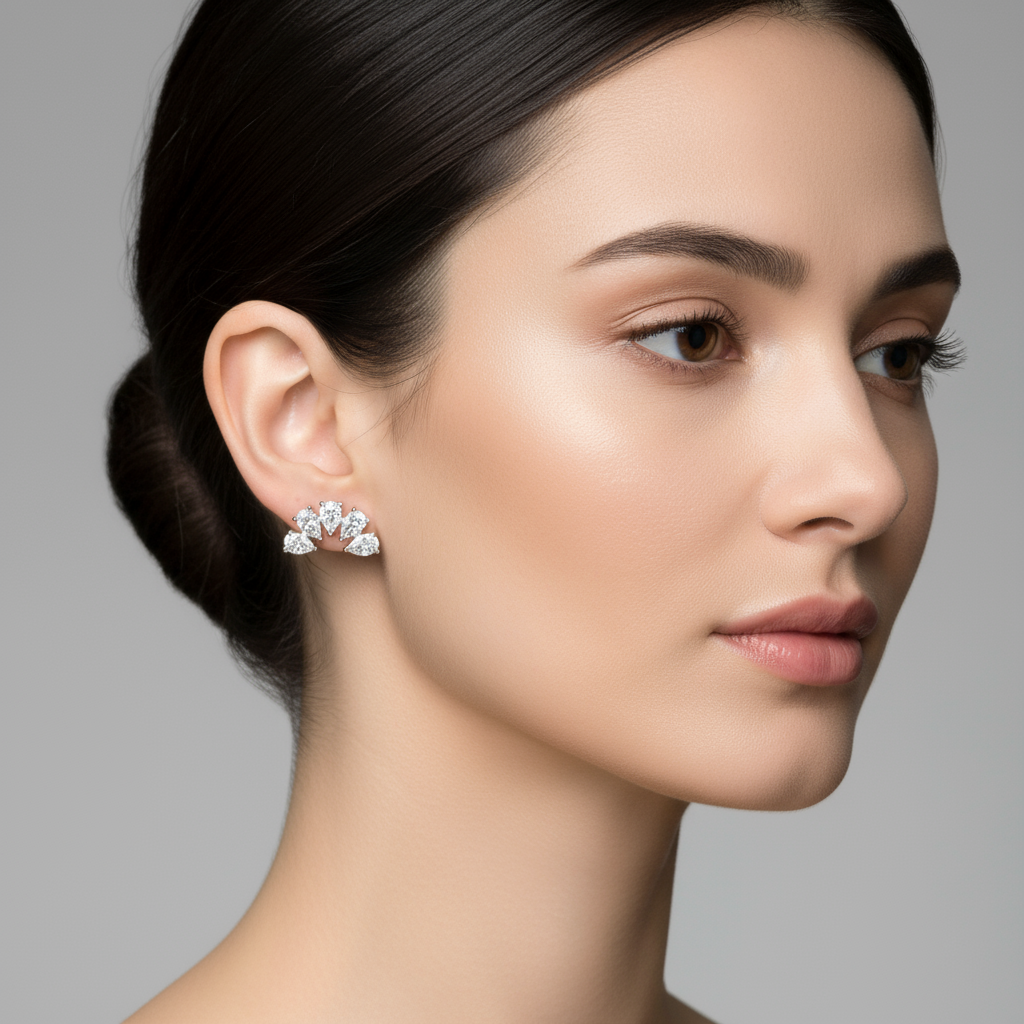 Female model wearing pear-shaped diamond cluster ear crawler earrings