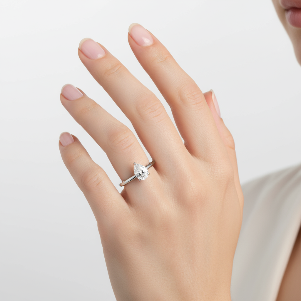 Female model wearing pear-shaped diamond solitaire engagement ring