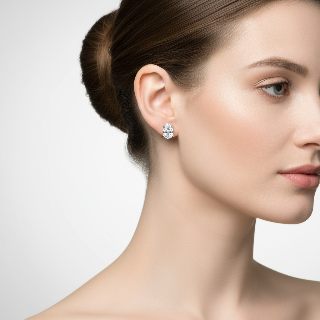 Female model wearing pear-shaped diamond stud earrings