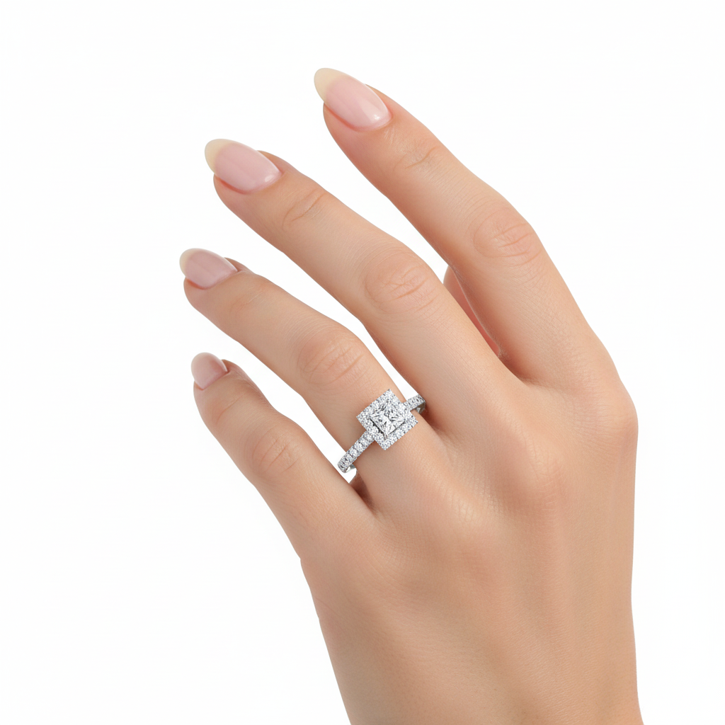 Female model wearing princess-cut diamond halo ring