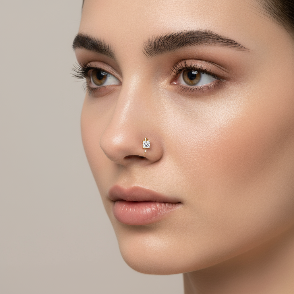 Female model wearing princess-cut diamond nose pin
