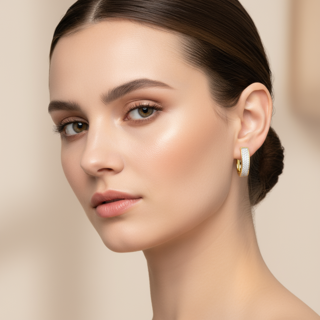 Female model wearing rectangular pavé diamond hoop earrings