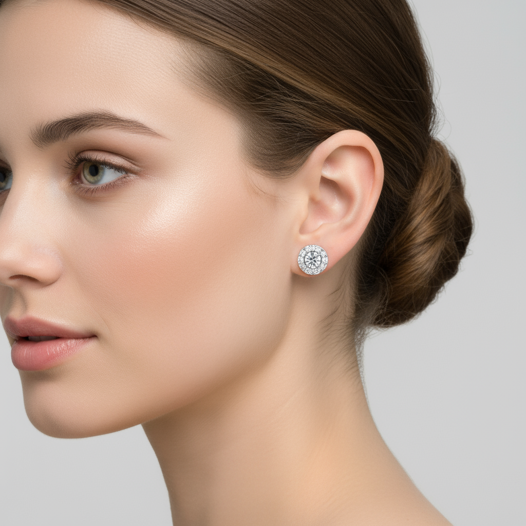 Female model wearing round diamond halo stud earrings