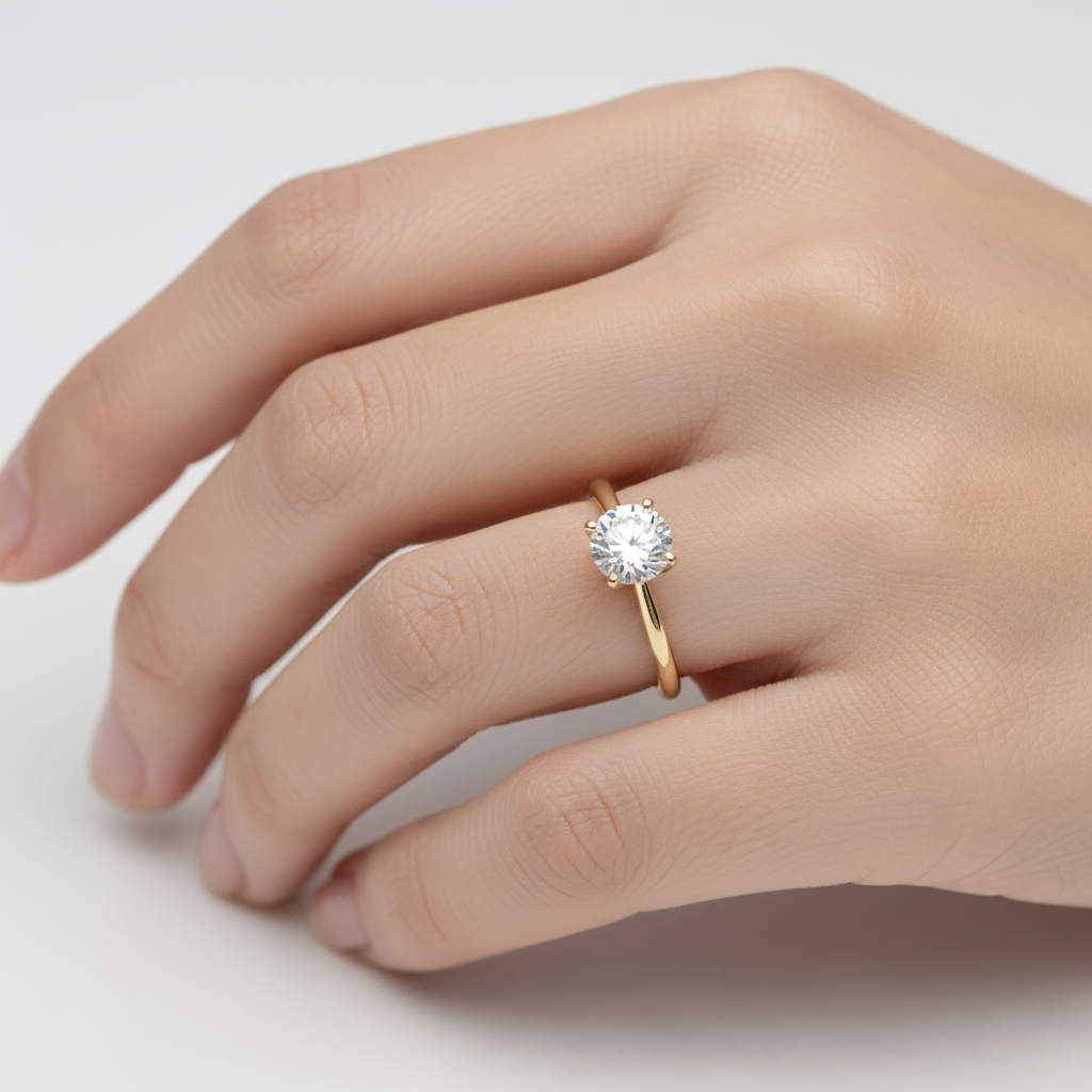 Female model wearing round diamond solitaire engagement ring