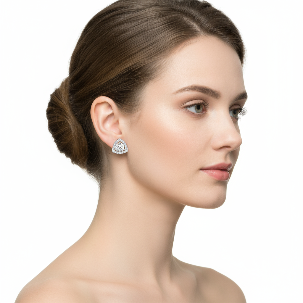 Female model wearing triangular diamond halo earrings