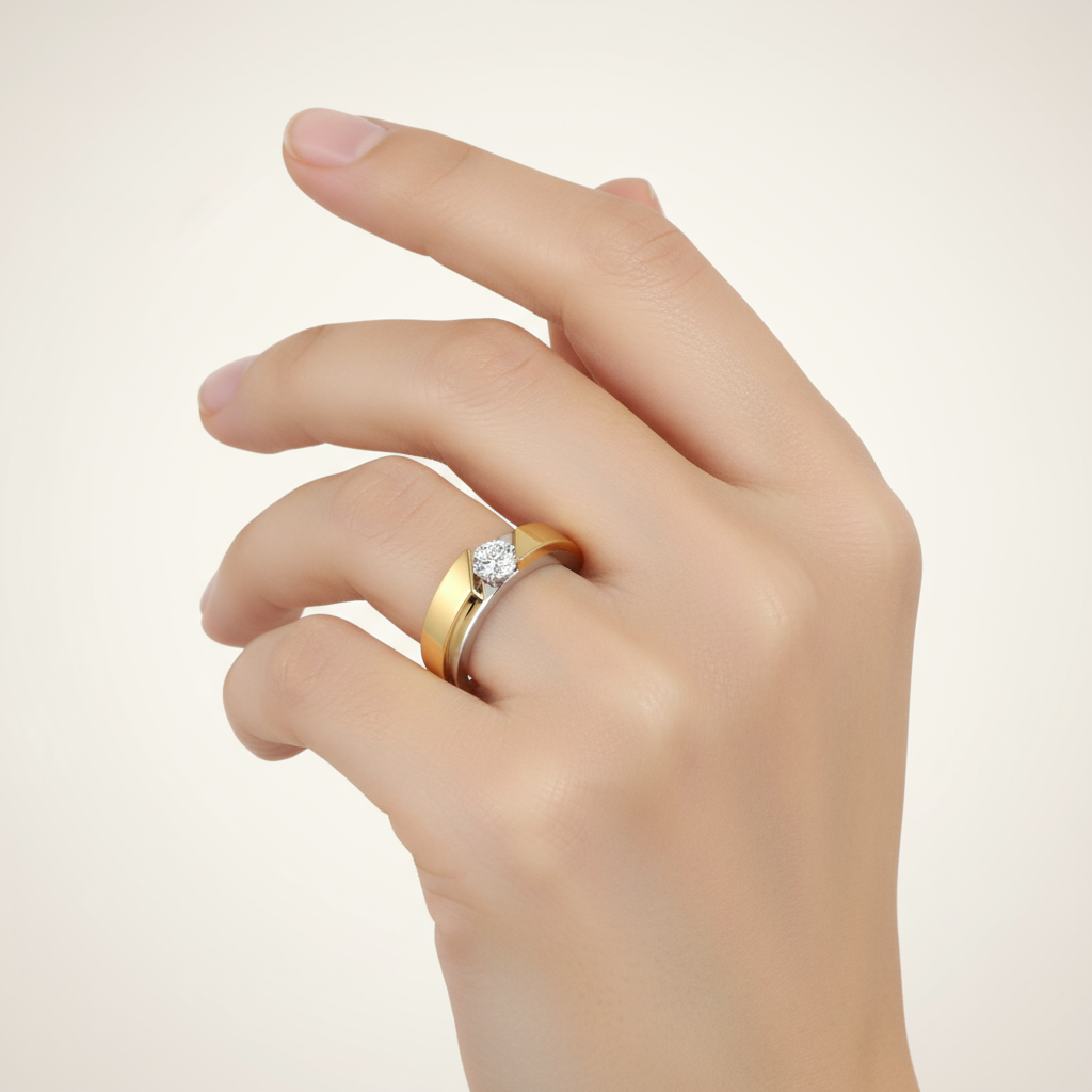 Female model wearing two-tone diamond solitaire engagement ring