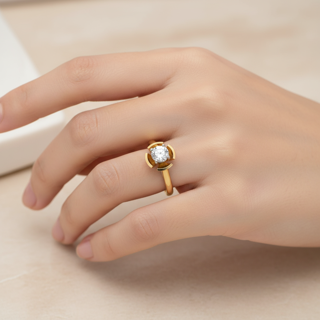 Female model wearing two-tone diamond solitaire ring