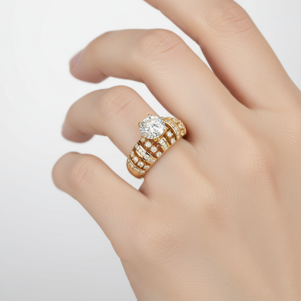 Female model wearing wide-band diamond engagement ring with intricate detailing