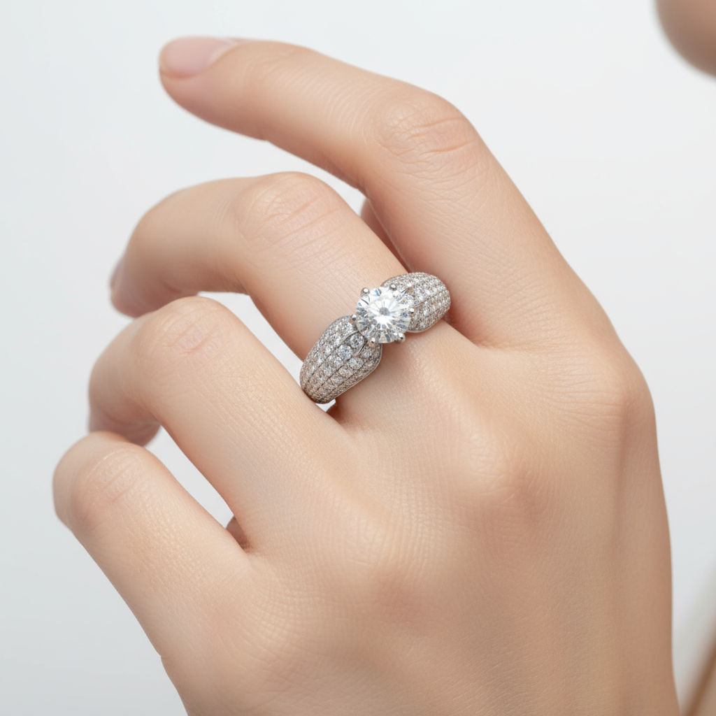Female model wearing wide-band pavé diamond engagement ring
