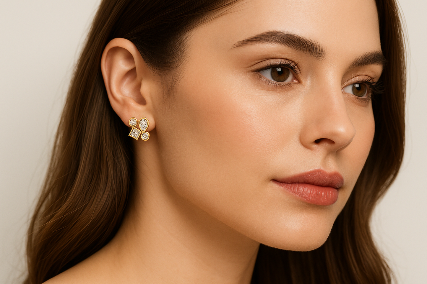 Generated image of a female model wearing small-sized geometric gold and diamond earrings